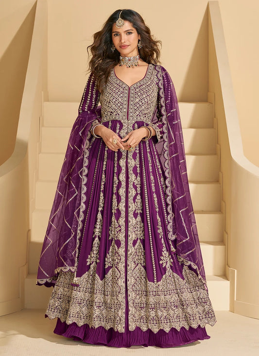 Plum Chinon Anarkali Gown with Long Sleeves & Dupatta – Wedding & Festive Collection
