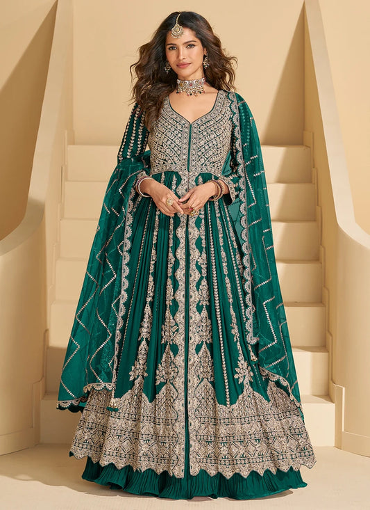 Bottle Green Chinon Anarkali Gown with Long Sleeves & Dupatta – Engagement & Party Wear
