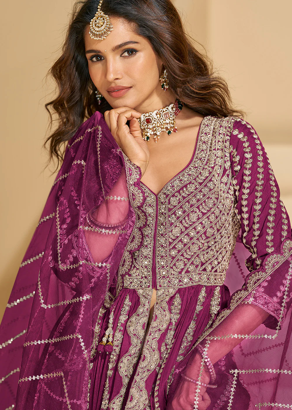 Magenta Chinon Anarkali Gown with Long Sleeves & Dupatta – Bridal & Festive Wear