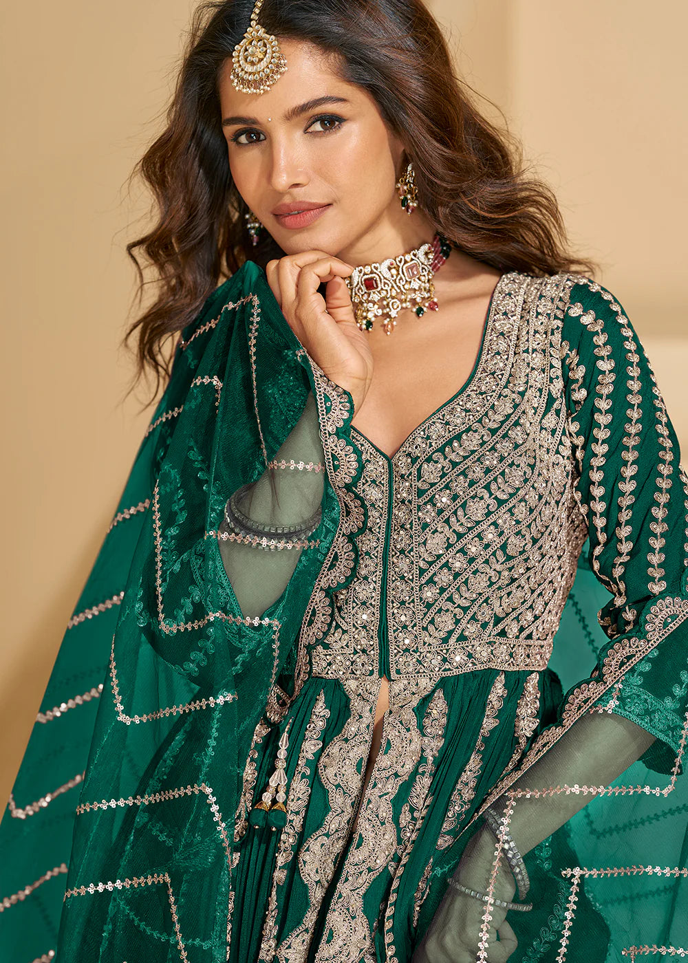 Bottle Green Chinon Anarkali Gown with Long Sleeves & Dupatta – Engagement & Party Wear