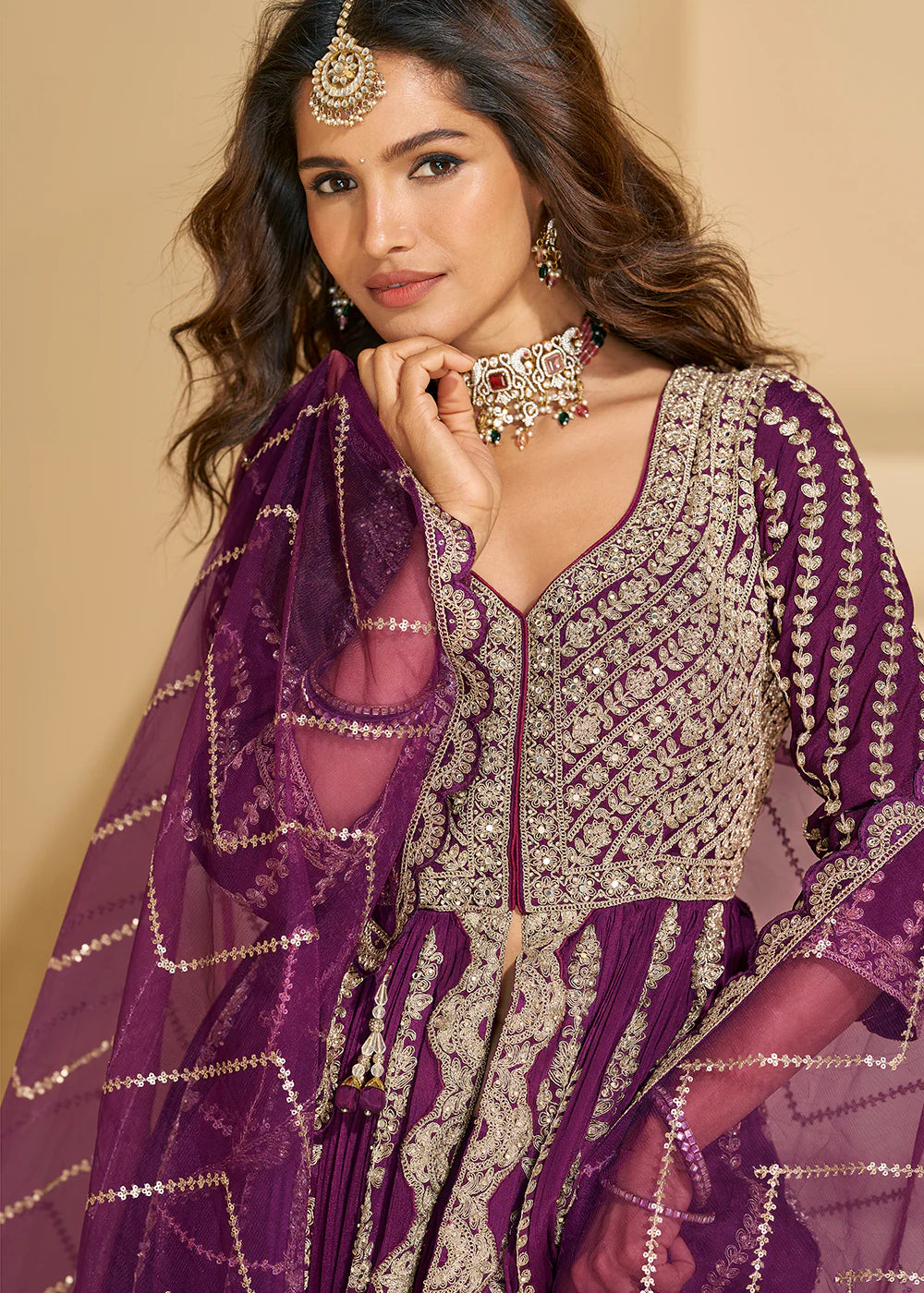 Plum Chinon Anarkali Gown with Long Sleeves & Dupatta – Wedding & Festive Collection