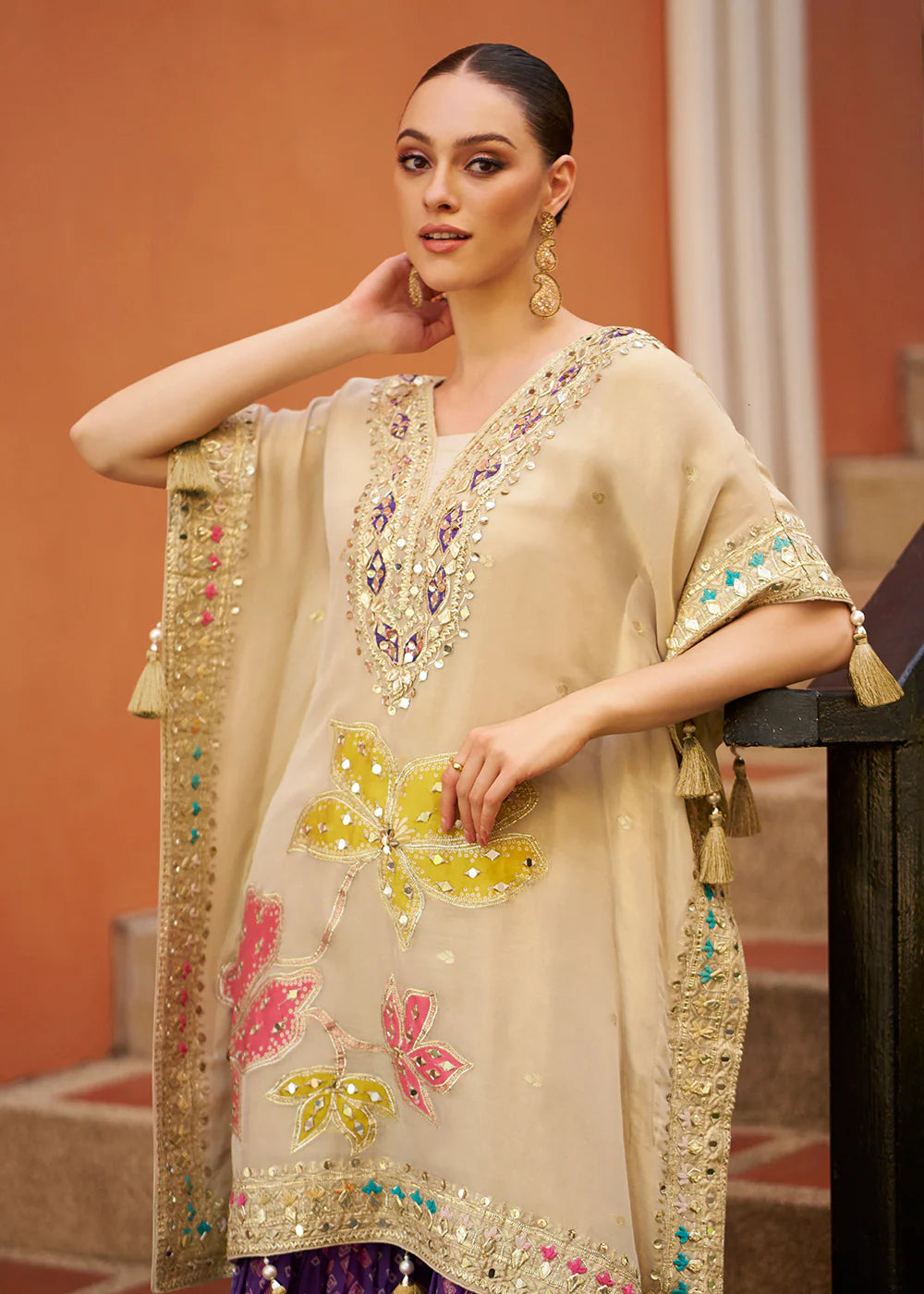 Cream & Purple Poncho Style Sharara Suit with Floral Embroidery for Pakistani Wedding