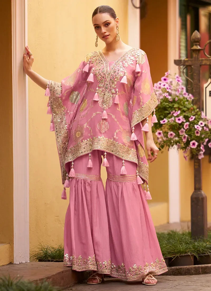 Designer Party Wear Pink Poncho Style Sharara Suit