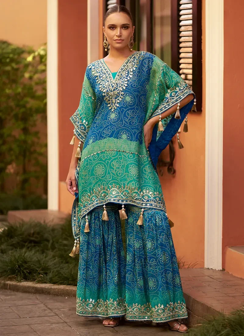 Designer Blue & Green Poncho Style Sharara  For Diwali Celebration