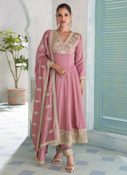 Designer Dusty Pink Silk Embroidered Anarkali Suit with Dupatta For Diwali Celebration