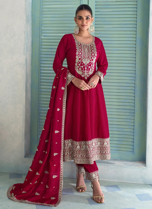 Designer Red Silk Embroidered Anarkali Suit with Dupatta For Indian Wedding