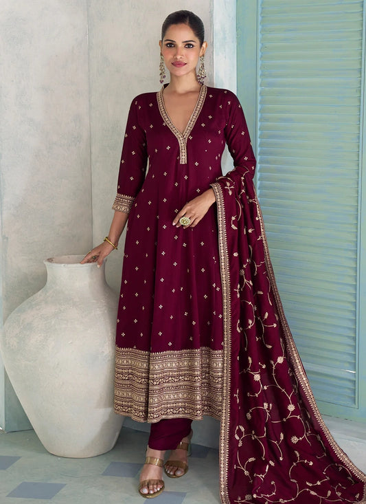 Designer Maroon Silk Embroidered Anarkali Suit with Dupatta
