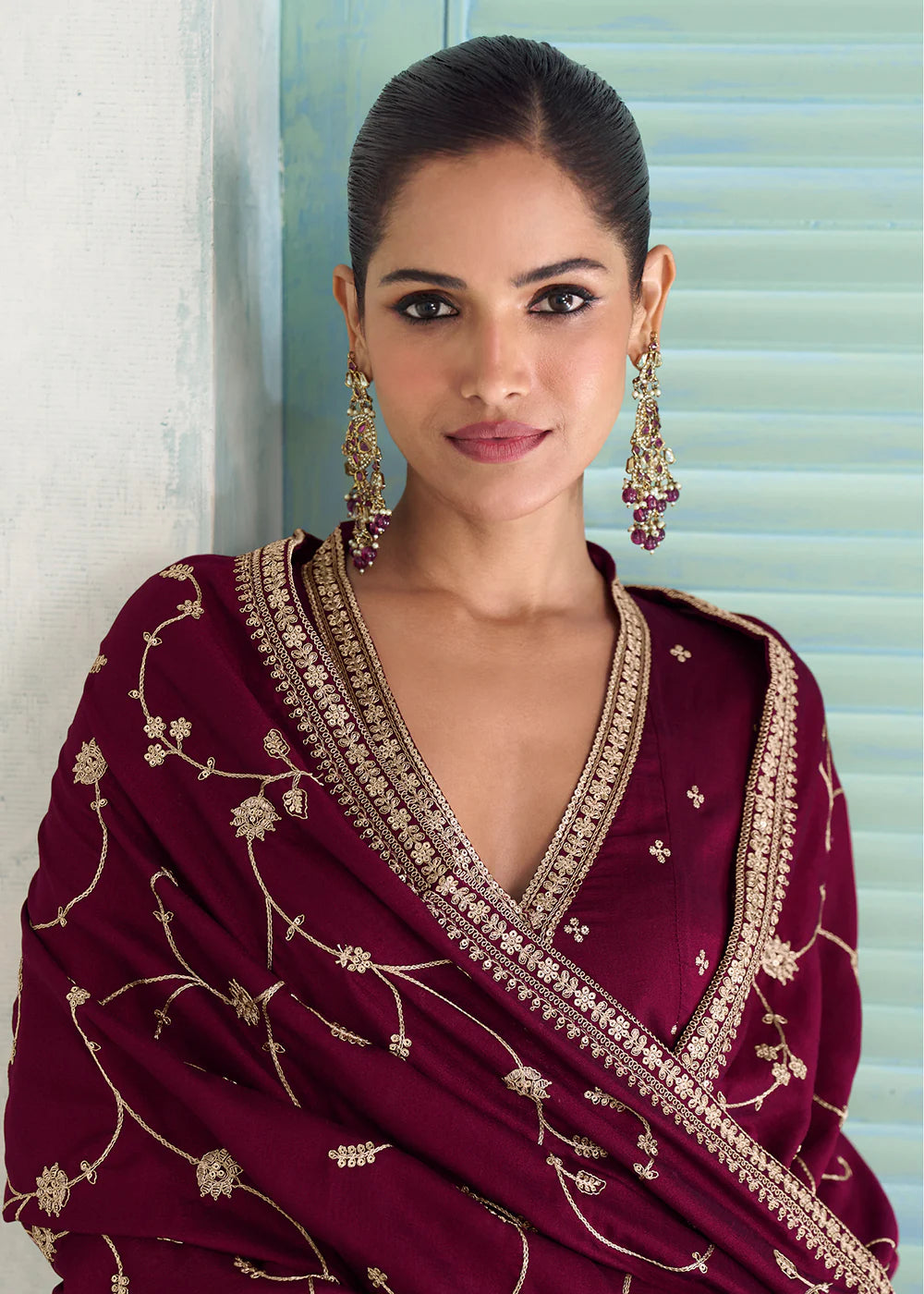 Designer Maroon Silk Embroidered Anarkali Suit with Dupatta