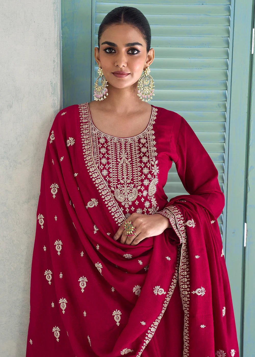 Designer Red Silk Embroidered Anarkali Suit with Dupatta For Indian Wedding