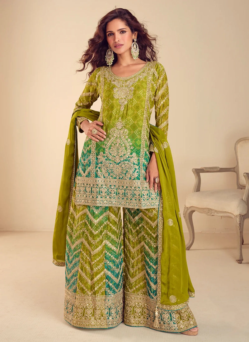 Designer Green & Teal Chinnon Embroidered Sharara Suit with Dupatta