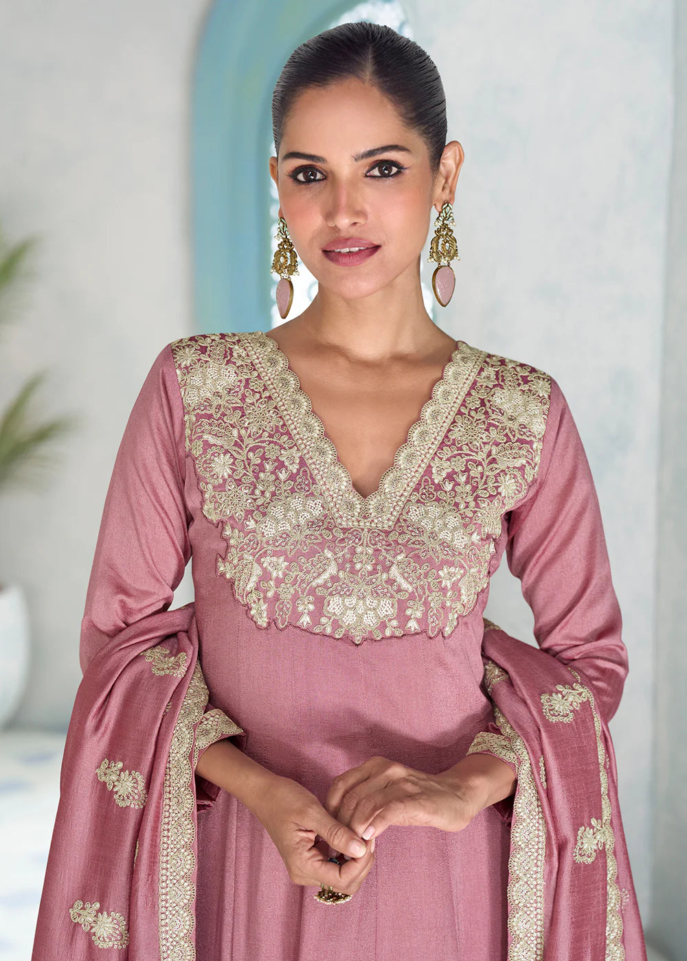Designer Dusty Pink Silk Embroidered Anarkali Suit with Dupatta For Diwali Celebration