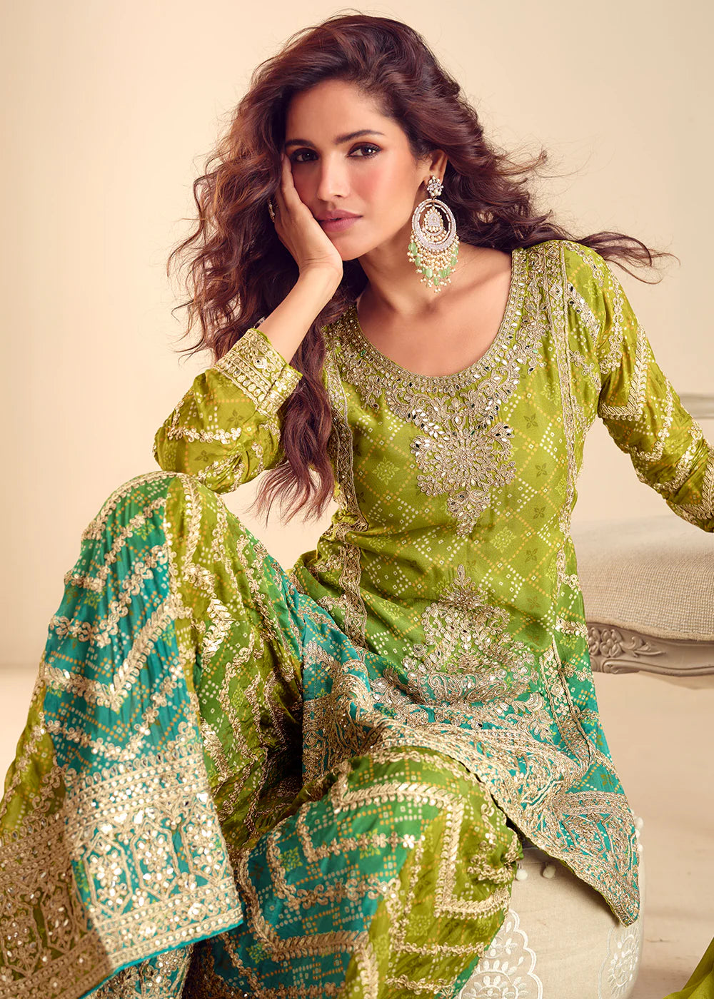 Designer Green & Teal Chinnon Embroidered Sharara Suit with Dupatta