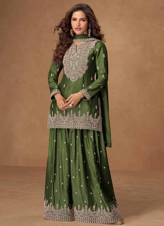Designer Readymade Green Chinon Embroidered Sharara Suit For Pakistani Wedding