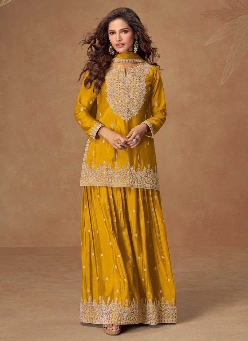 Designer Mustard Yellow Chinon Embroidered Sharara Suit For Haldi Ceremony