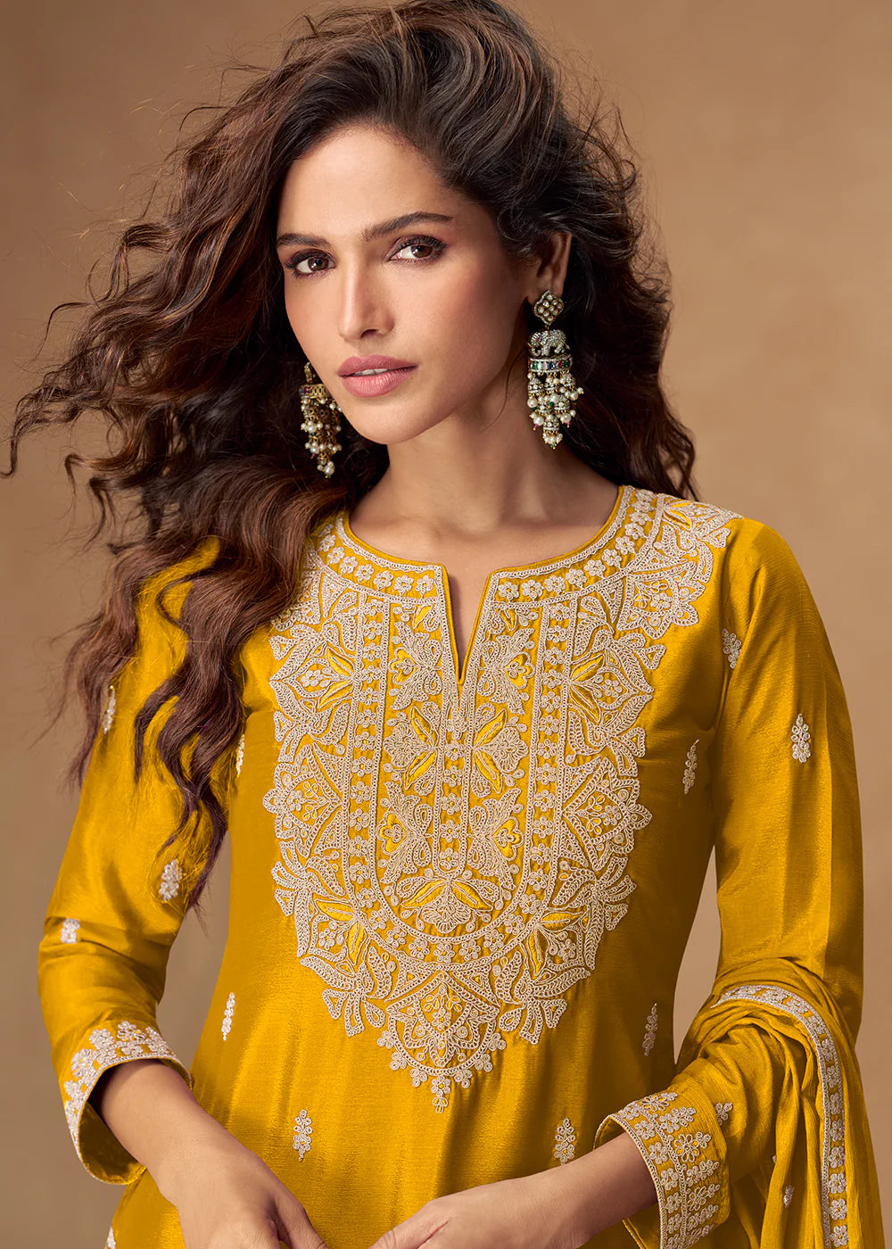 Designer Mustard Yellow Chinon Embroidered Sharara Suit For Haldi Ceremony