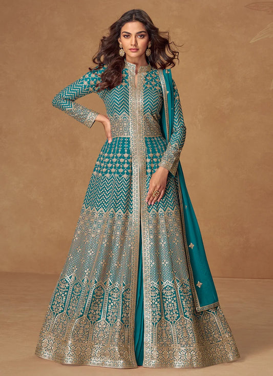 Turquoise Blue Embroidered Georgette Anarkali Suit for Indian & Pakistani Weddings