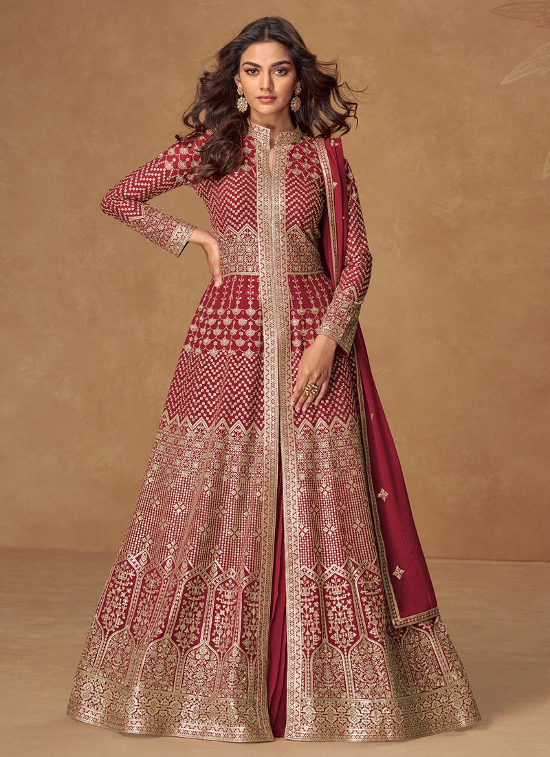 Red Embroidered Georgette Anarkali Suit for Indian & Pakistani Festive Wear