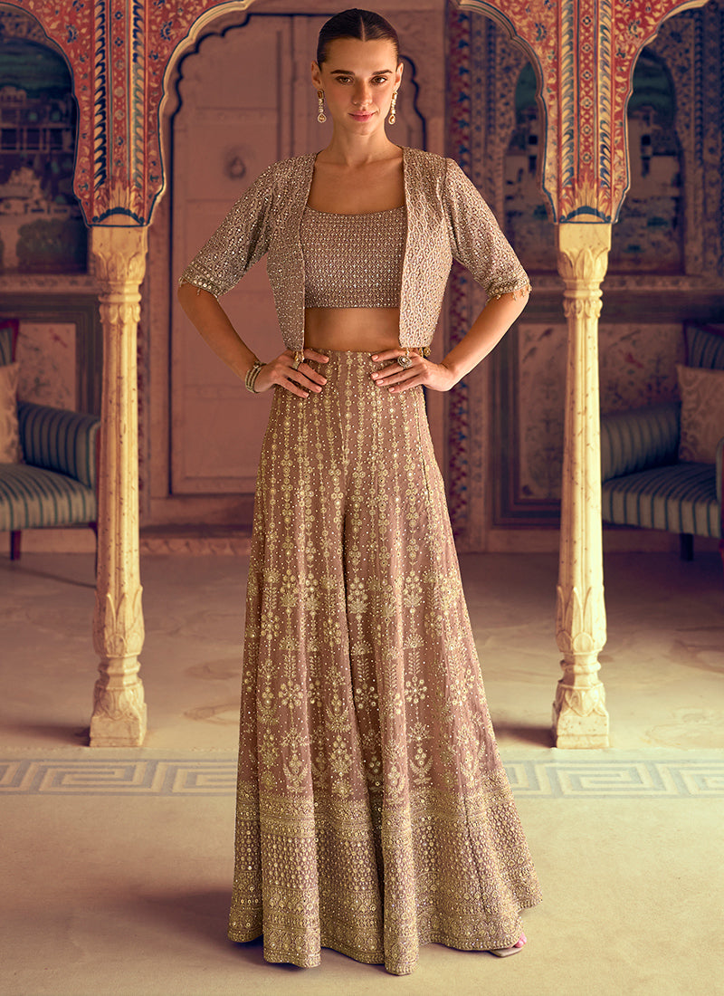 Designer Champagne Gold Jacket & Crop Top Style Indo Western Suit