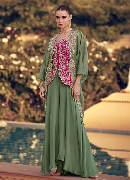 Designer Olive Green and Pink Chinon Cape Style Palazzo Suit with Embroidery