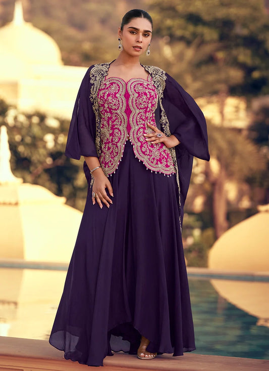 Elegant Pink and Purple Chinon Cape Style Palazzo Suit with Embroidery
