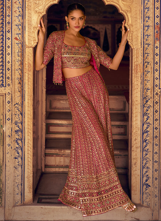 Designer Rani Pink Georgette Jacket & Crop Top Style Indo Western Suit