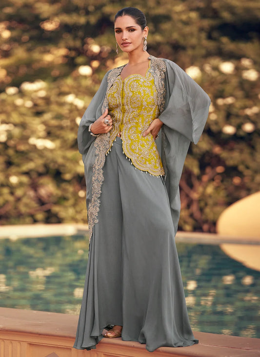 Dusty Grey and Yellow Chinon Cape Style Palazzo Suit with Embroidery