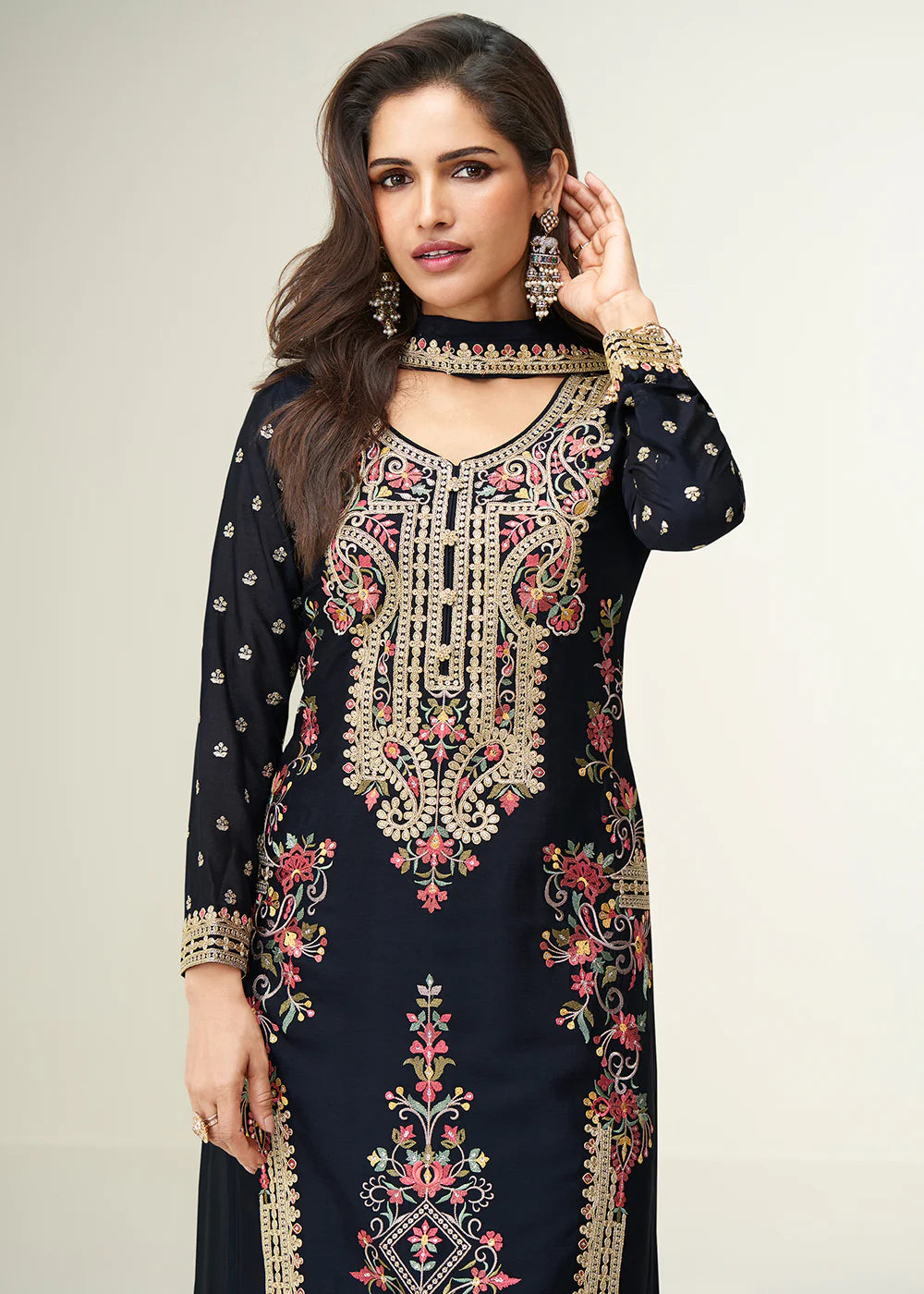 Designer Black Embroidered Chinon Silk Palazzo Suit with Dupatta