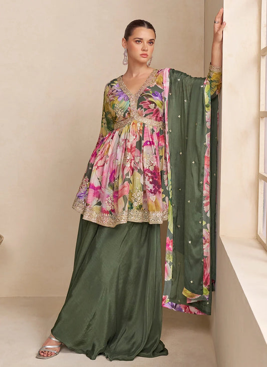 Olive Green Floral Chinon Peplum Sharara Suit with Dupatta