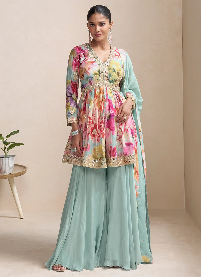 Pastel Sea Green Floral Chinon Peplum Sharara Suit with Dupatta