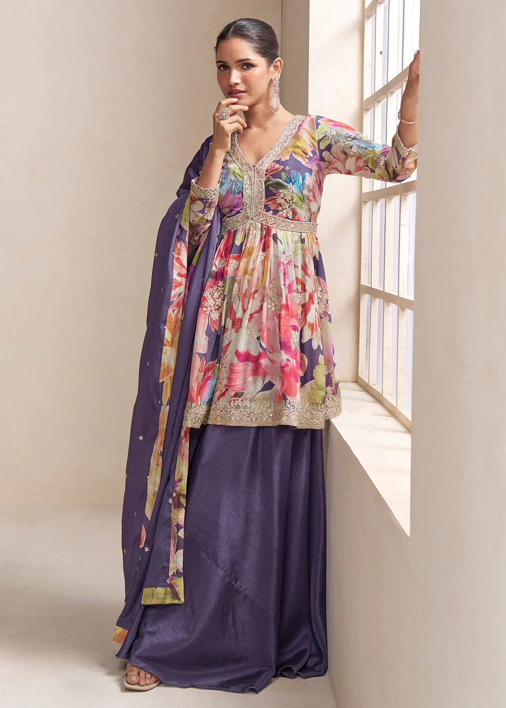 Designer Lavender Purple Floral Chinon Peplum Sharara Suit with Dupatta