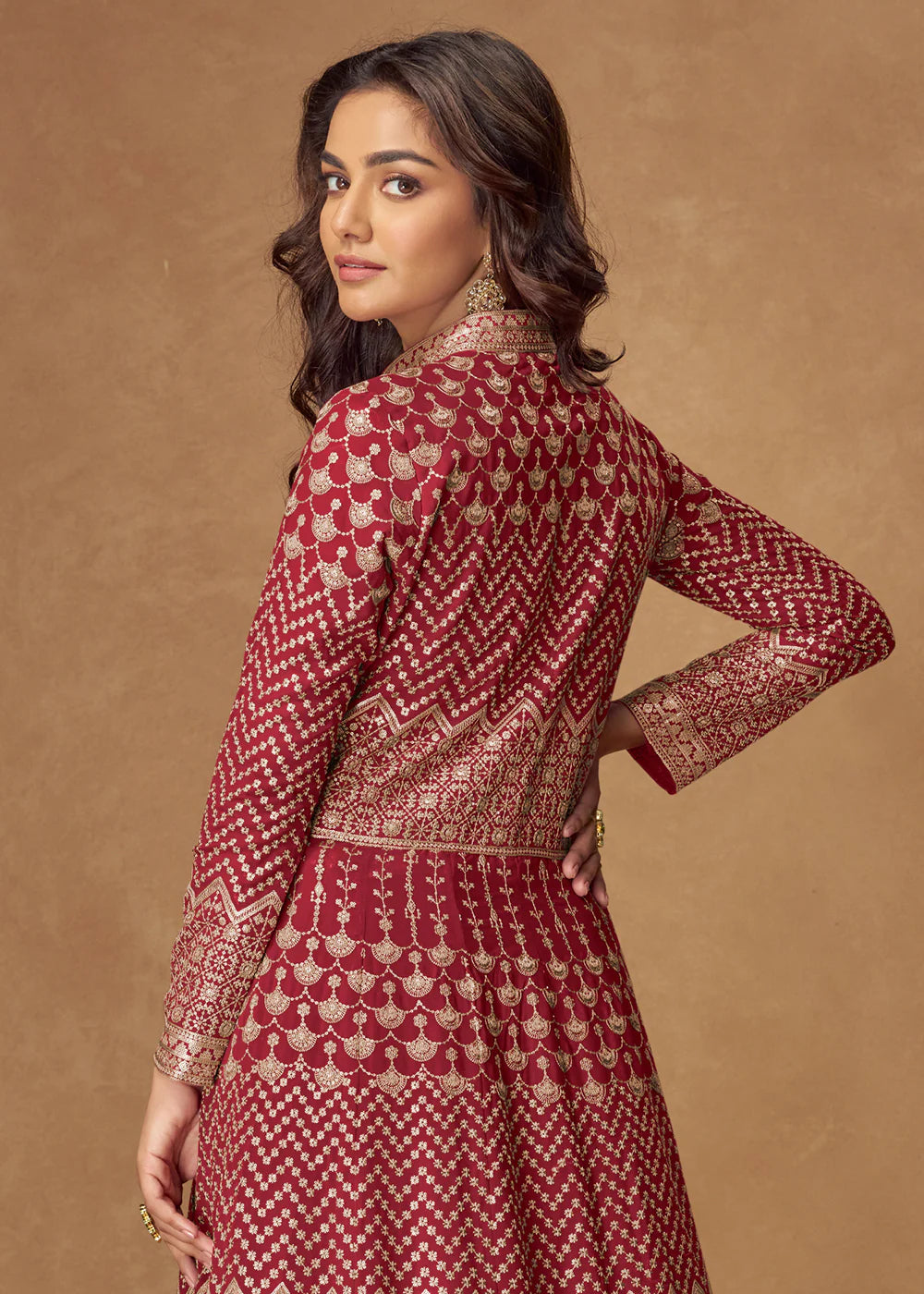 Red Embroidered Georgette Anarkali Suit for Indian & Pakistani Festive Wear
