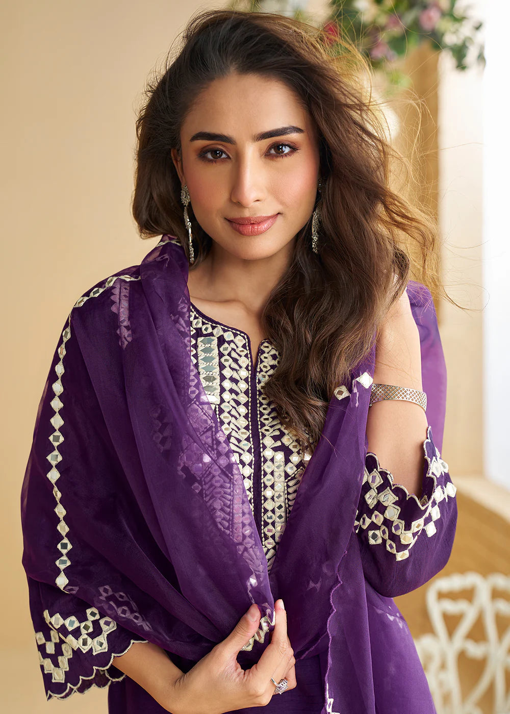 Purple & Ivory Cream Premium Real Silk Embroidered Palazzo Suit with Organza Dupatta