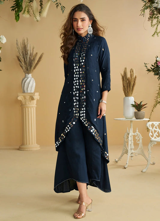 Designer Navy Blue Premium Real Silk Front-Slit Mirror Work Palazzo Suit