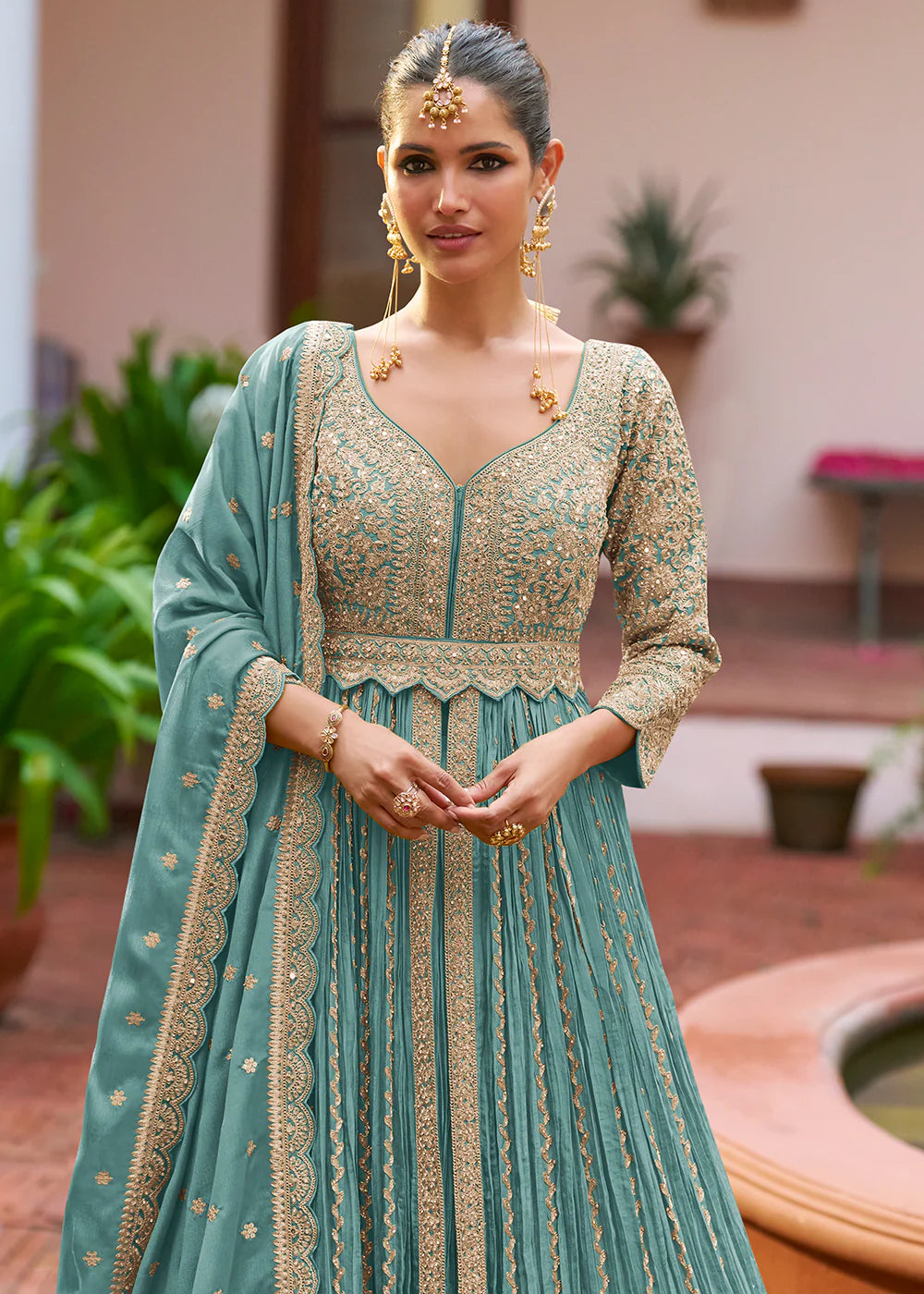 Designer Blue Embroidered Chinon Anarkali Gown with Dupatta