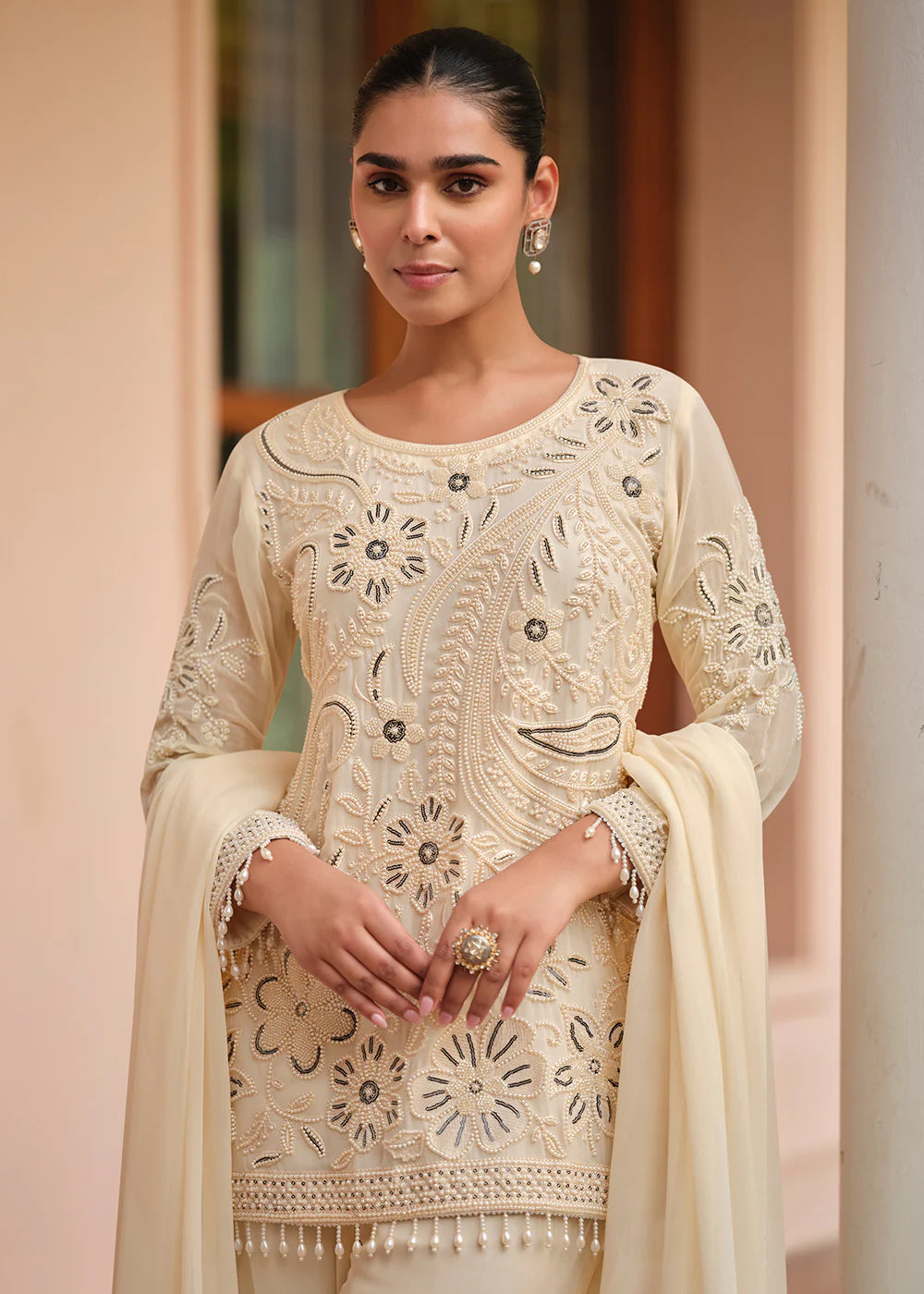 Designer Soft Cream Embroidered Georgette Party Wear Suit with Dupatta