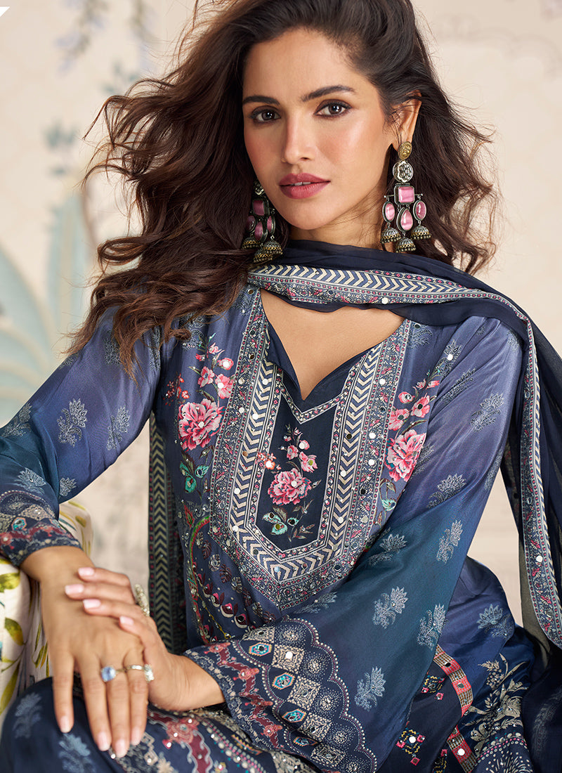 Designer Blue Embroidered Crepe Silk Mirror Work Gharara Suit