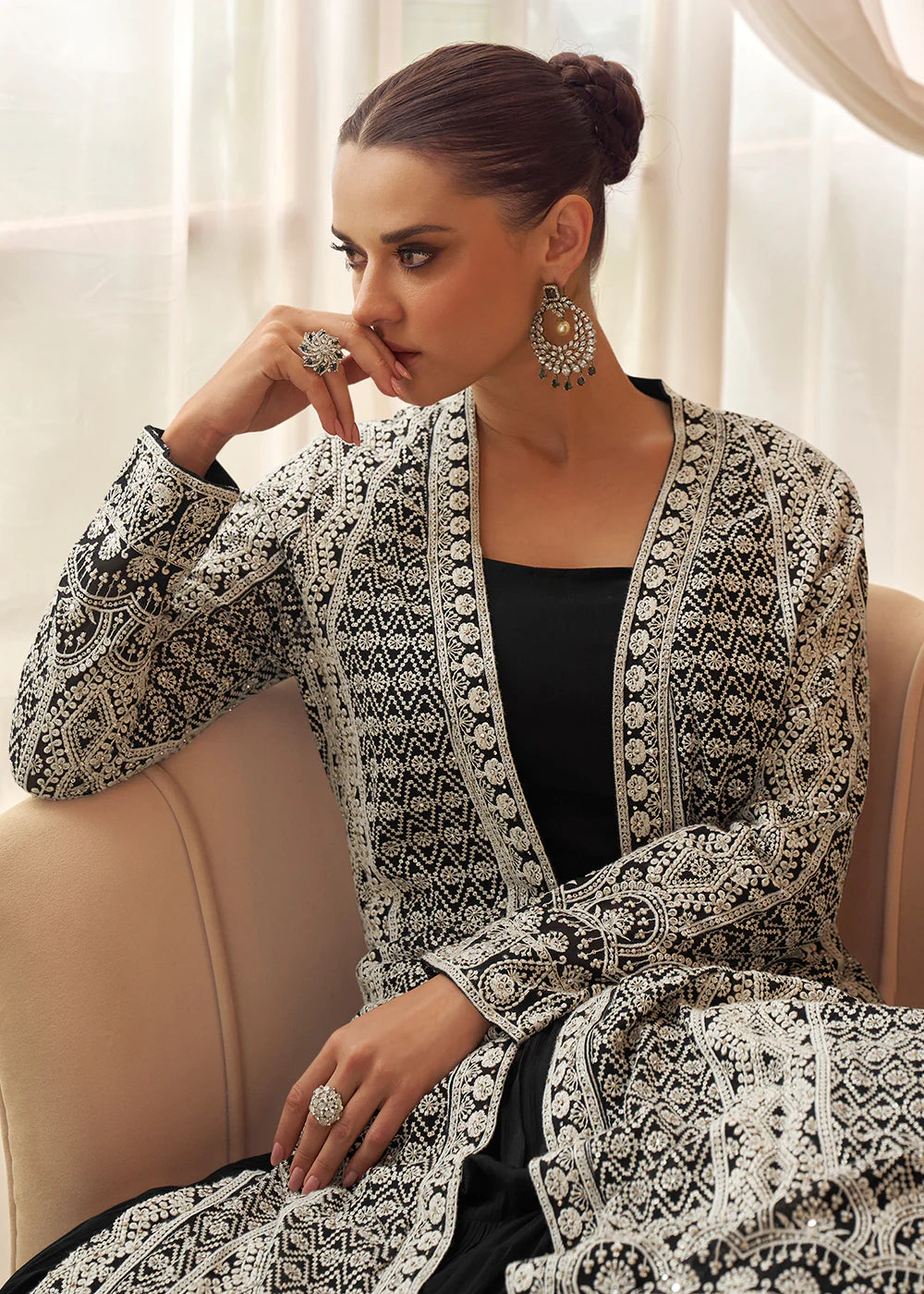 Designer Black Embroidered Indo Western Chinon Silk Jacket Style Gown