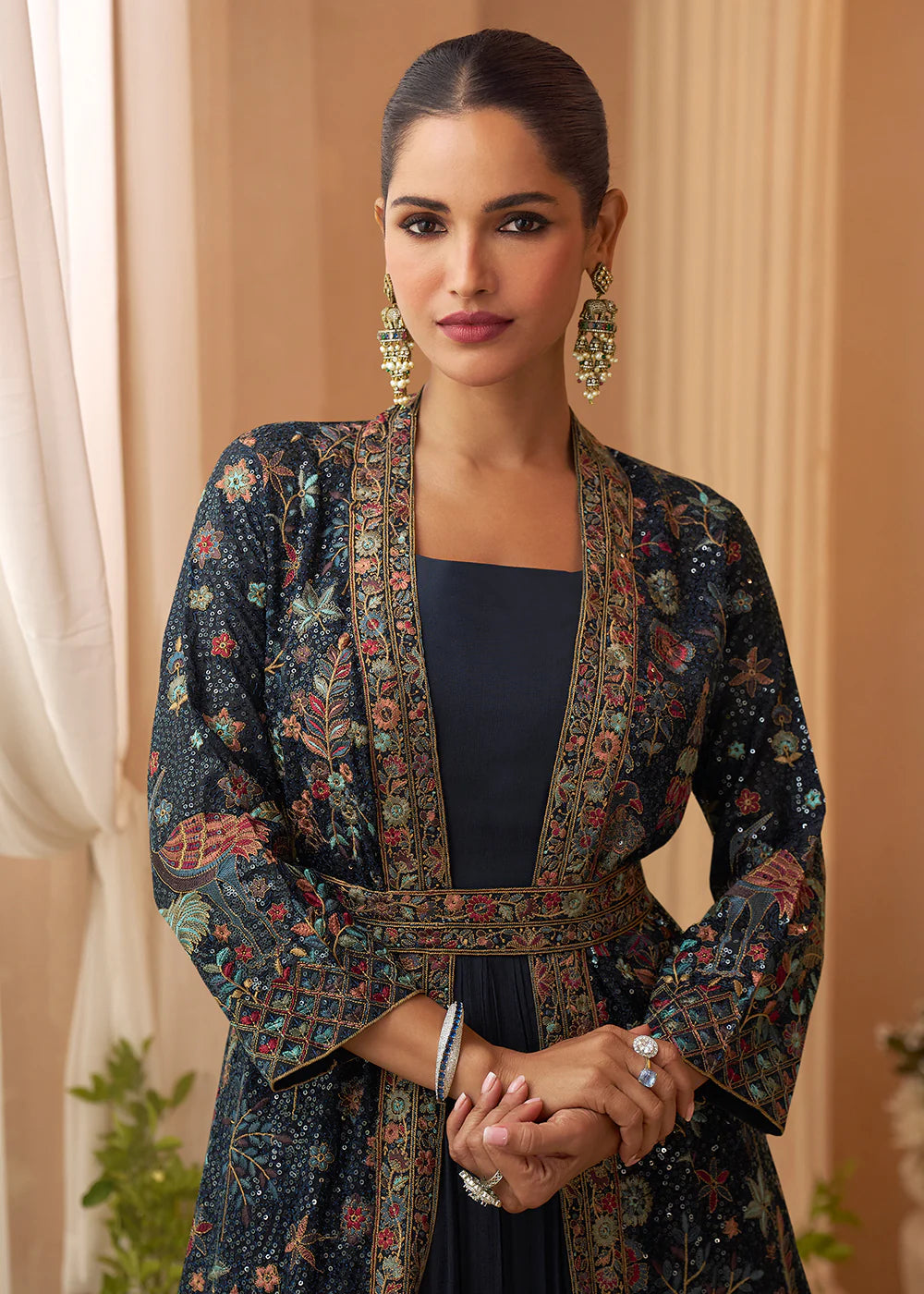 Designer Navy Blue Embroidered Indo Western Chinon Silk Jacket Style Gown