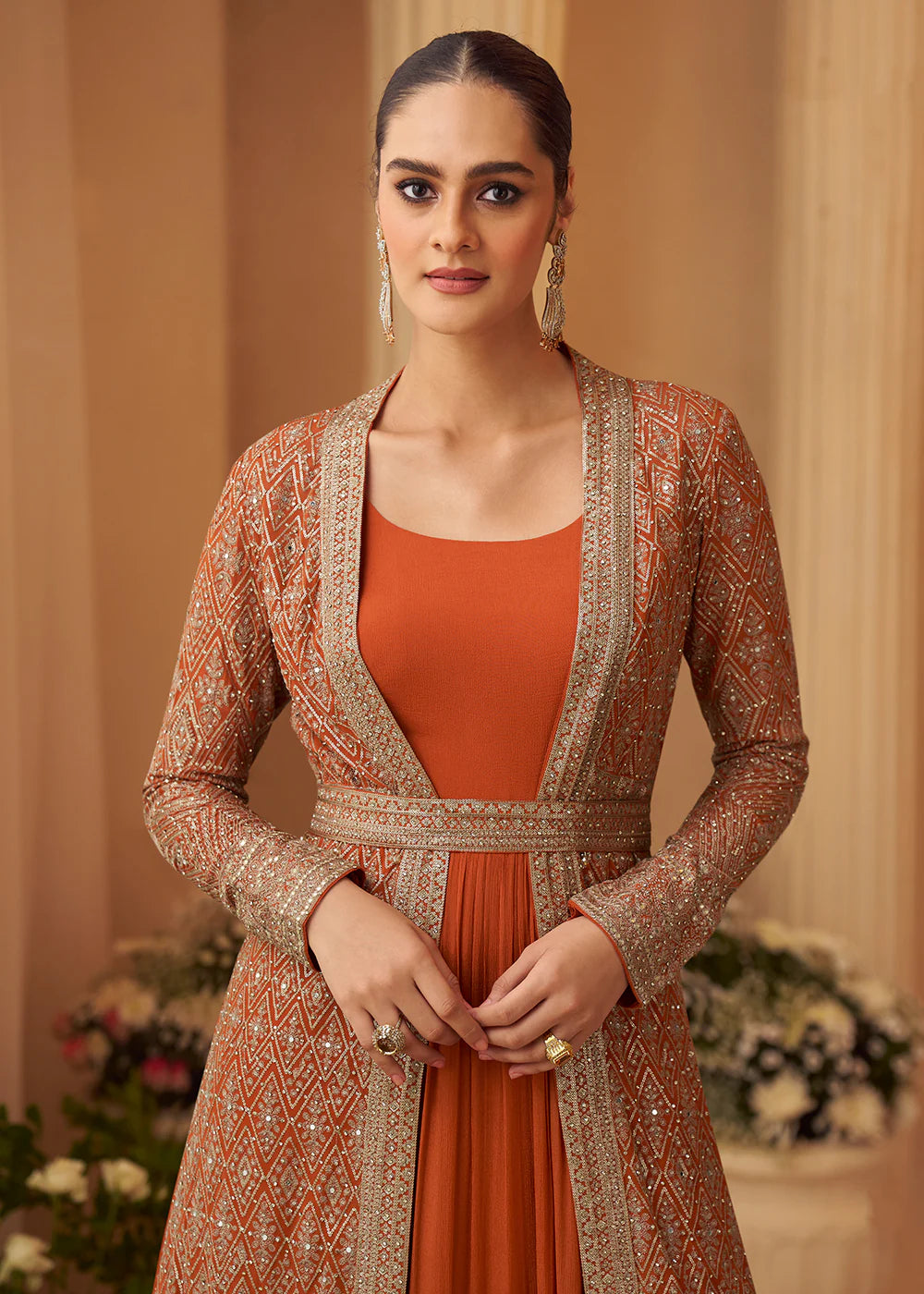 Designer Orange Embroidered Indo Western Chinon Silk Jacket Style Gown