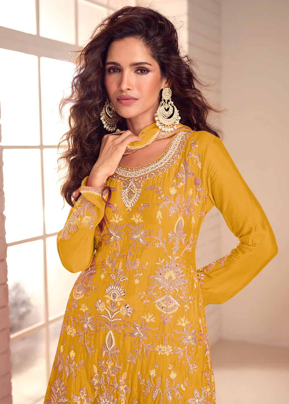 Designer Mustard Yellow Embroidered Chinon Sharara Suit