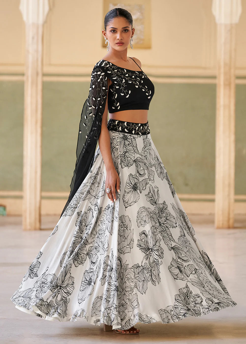 Designer Black & White Embroidered Indo Western Chinon Silk Lehenga