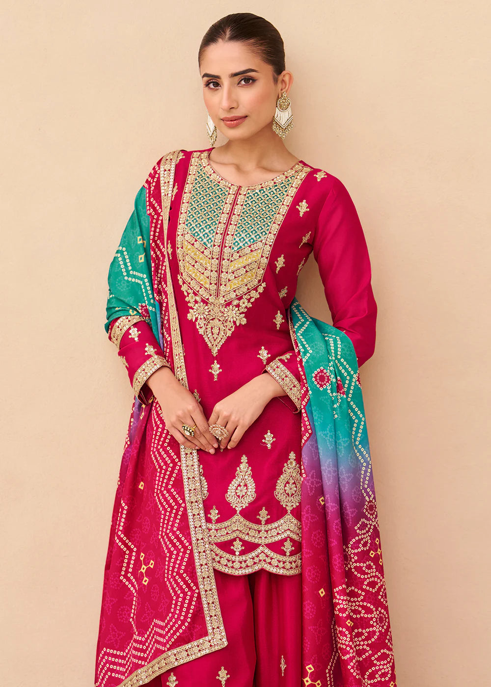 Designer Rani Pink Embroidered Chinon Silk Palazzo Suit