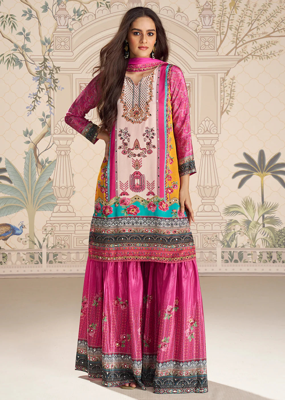 Designer Pink Multi Embroidered Crepe Silk Mirror Work Gharara Suit