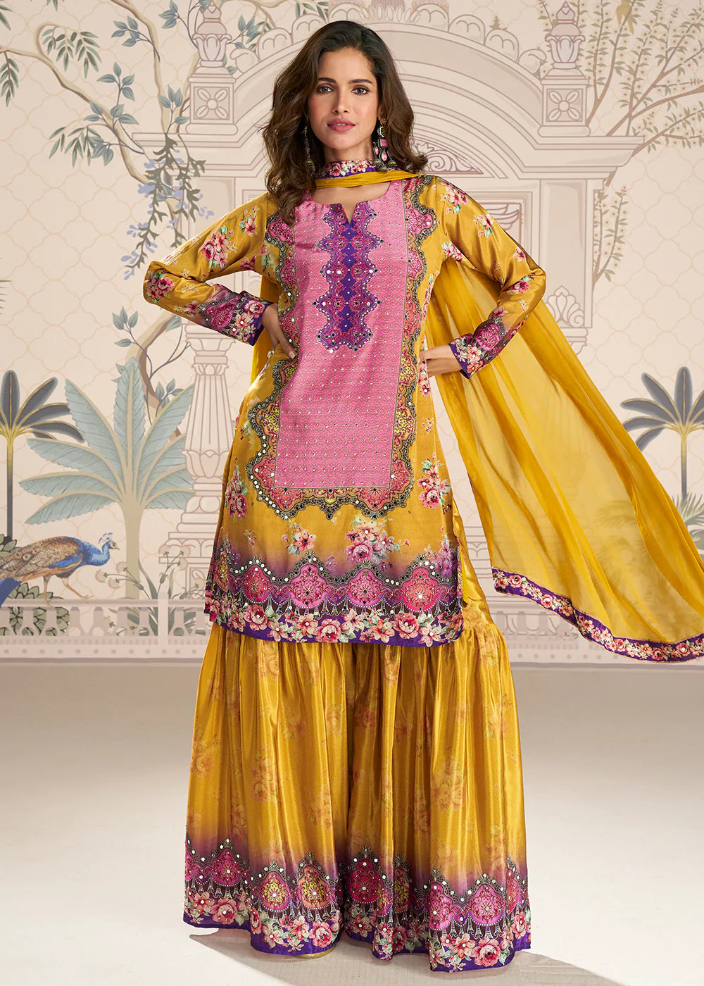 Designer Mustard Pink Embroidered Crepe Silk Mirror Work Gharara Suit