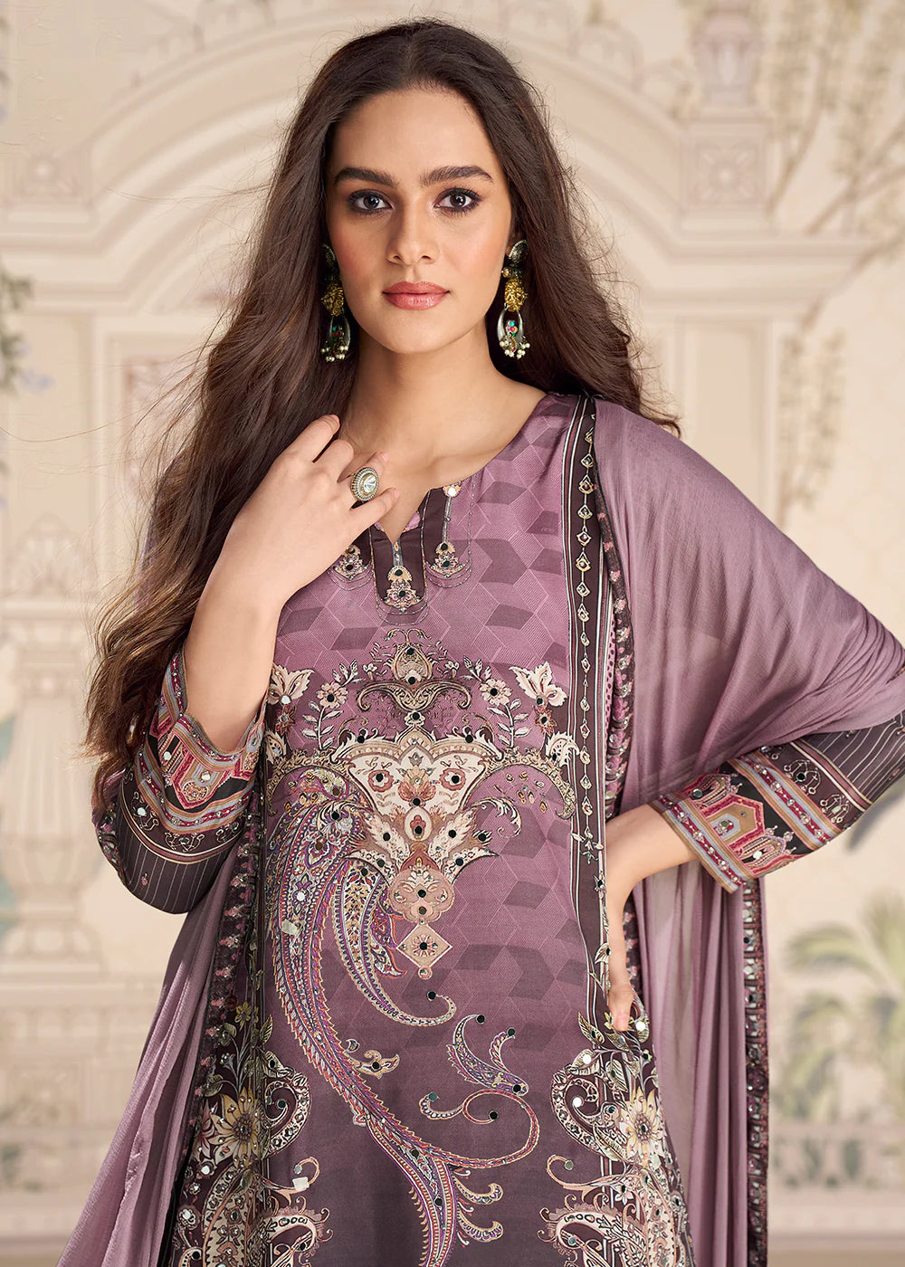 Designer Mauve Embroidered Crepe Silk Mirror Work Gharara Suit