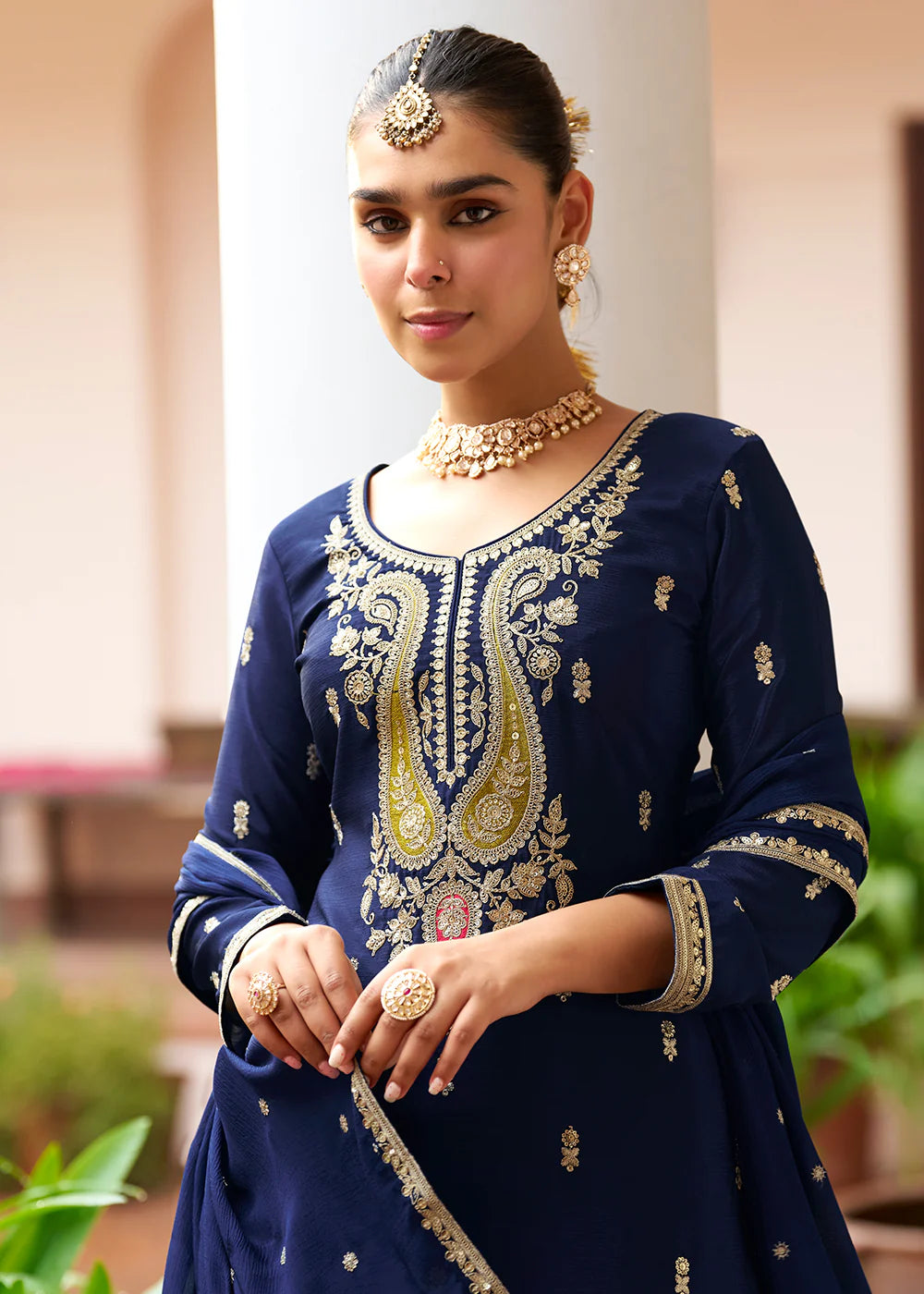 Designer Navy Blue Embroidered Chinon Sharara Suit