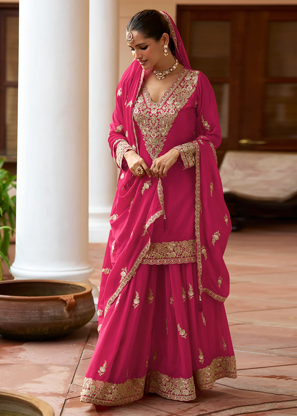 Designer Pink Embroidered Chinon Sharara Suit