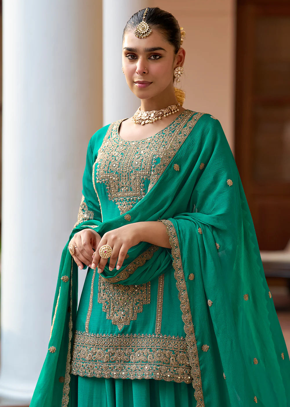 Designer Green Embroidered Chinon Sharara Suit