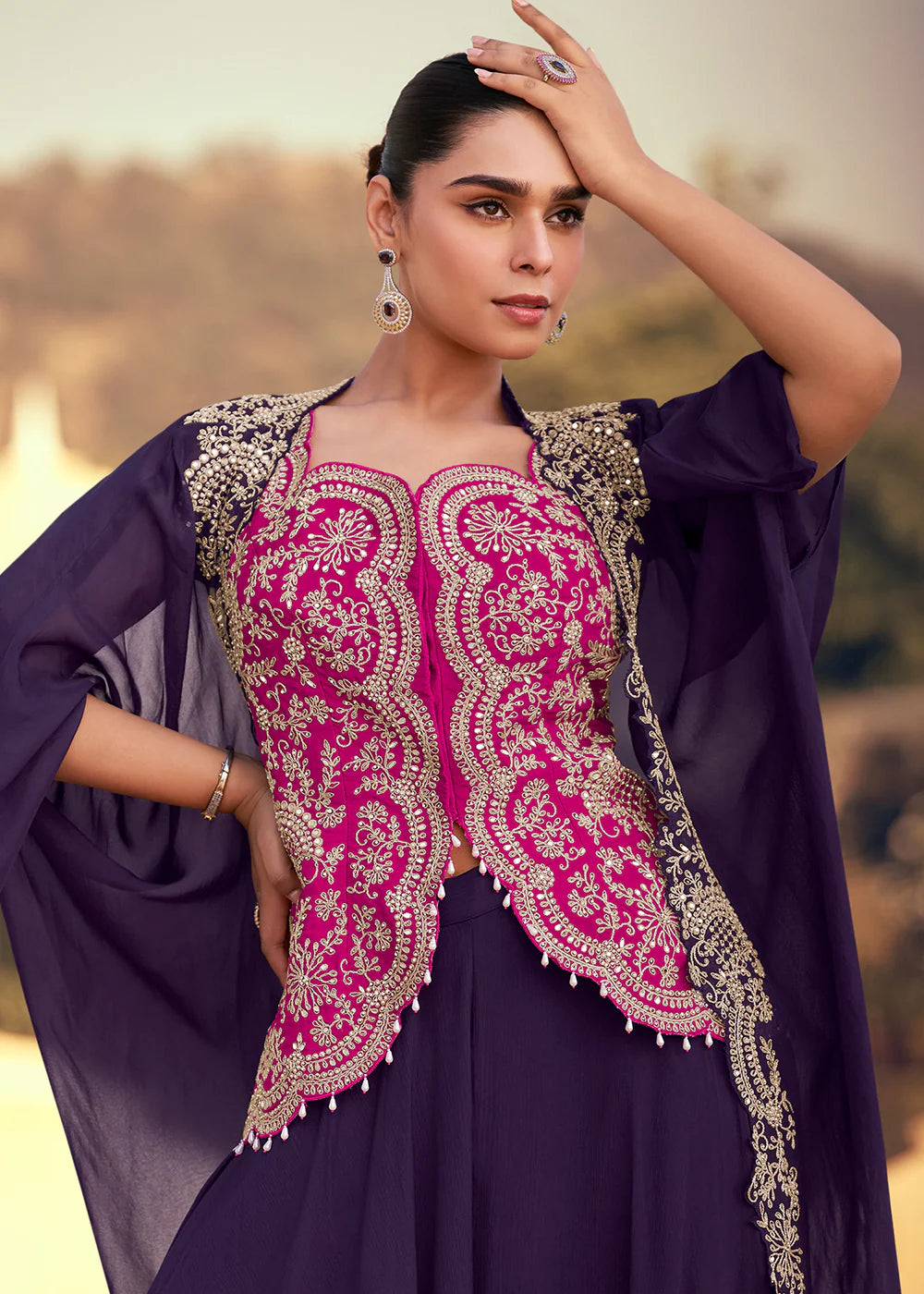 Elegant Pink and Purple Chinon Cape Style Palazzo Suit with Embroidery