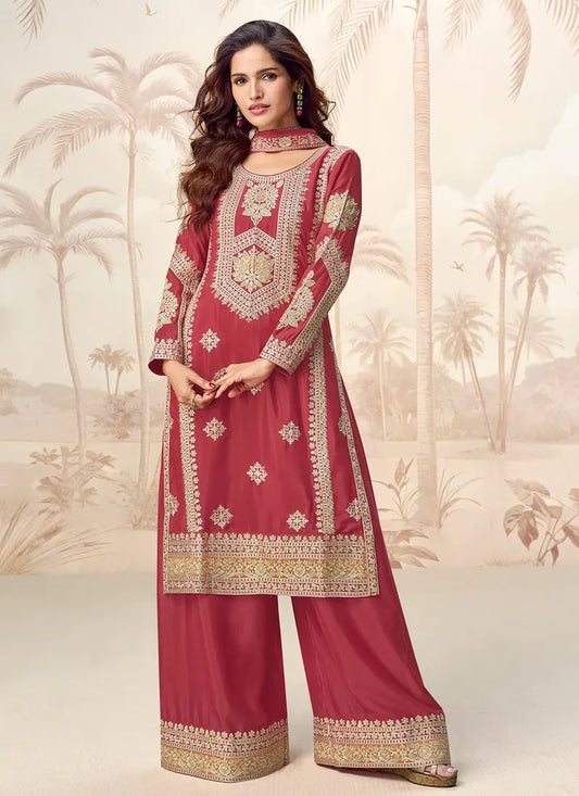 Deep Red Chinnon Silk Palazzo Suit with Traditional Zari Embroidery for Indian Weddings & Pakistani Festivals